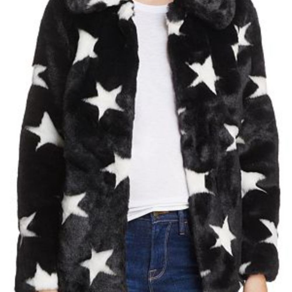 REDUCED New Aqua Bloomingdale's Star Print Faux Fur Jacket